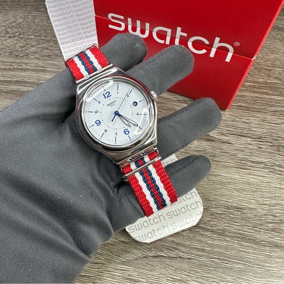 NEW✅ Swatch Irony NEW BEACH Stainless Steel Red Nylon 37mm Men's Watch YWB407 - Picture 1 of 13
